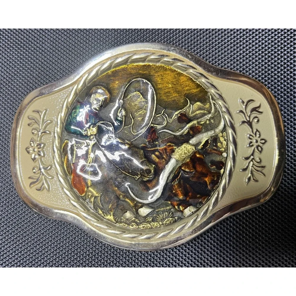 MBCI Belt Buckle Mens Gold Tone Western‎ Cowboy Rodeo Roping Longhorn Enamel